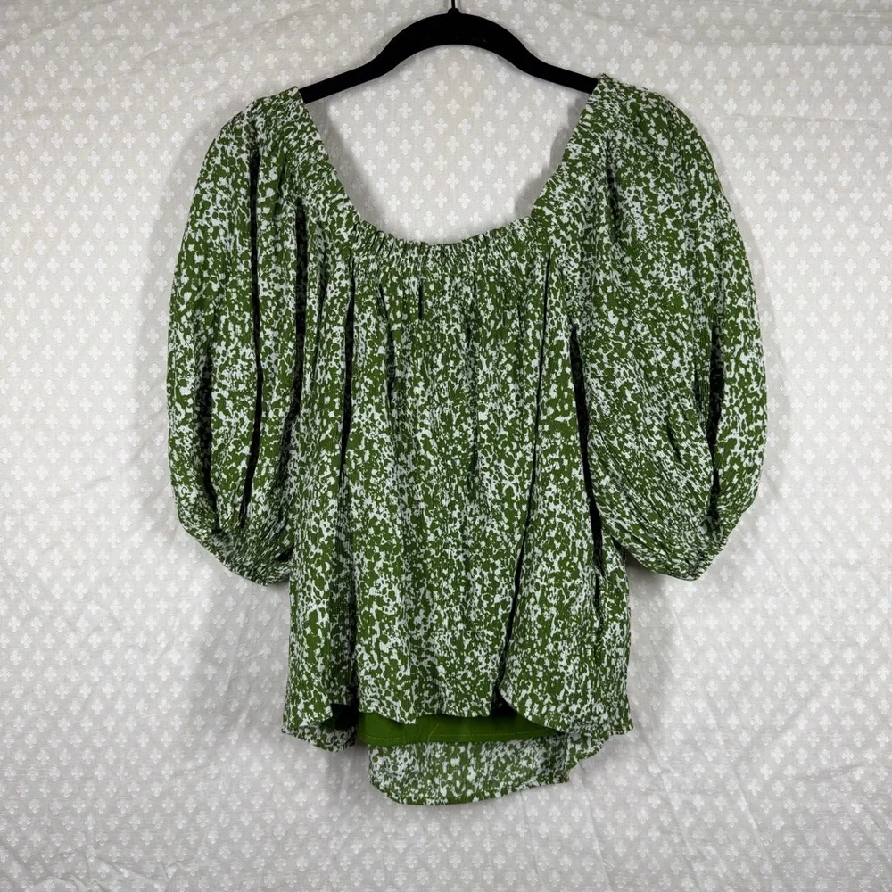 Abercrombie & Fitch Green White Splattered Print Puff Sleeve‎ Top